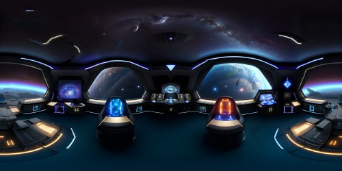 VR360 Pixar-style spaceship helm, unparalleled resolution, masterpiece control panels, complex buttons, twinkling lights in abundance. VR360 enchanting alien world vista across extensive viewport, intricate holographs shimmering. Immense cosmic entities, sprawling galaxies, vibrant planetary arcs rendered with ultra-high-res precision. Highly textured surfaces, Starship