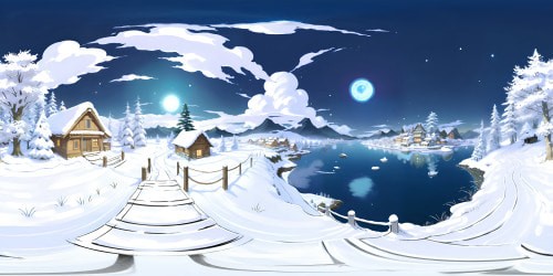 Masterpiece VR360 view, ultra high-res, Christmas Eve atmosphere. Majestic evergreen, decorated, radiant, twinkling lights. Panorama, snow-capped peaks, silhouettes of small cottages, mirrored on frozen lake. Pixar-style clarity, soft glow, magical ambiance in VR360.