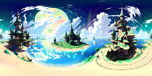 Masterpiece quality VR360, ultra-high resolution, fantasy-inspired, intricate architectural structures. Pixel-perfect VR360 panorama, stunning color palette, luminous celestial bodies in expansive sky. Ethereal cloudscapes, fantasy art styling. Grand, detailed, vibrant.