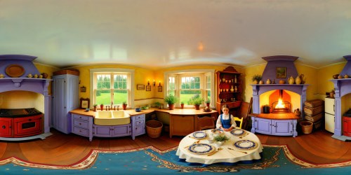 Impeccable New England colonial kitchen reminiscent of Tasha Tudor's style, featuring a crackling fire in the fireplace, vintage stove, and sink, adjacent to a picturesque English lavender garden viewed through the morning light filtering in from the window.