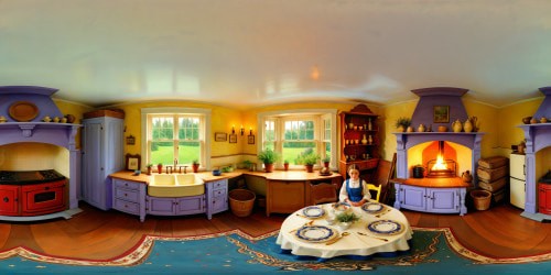 Impeccable New England colonial kitchen reminiscent of Tasha Tudor's style, featuring a crackling fire in the fireplace, vintage stove, and sink, adjacent to a picturesque English lavender garden viewed through the morning light filtering in from the window.