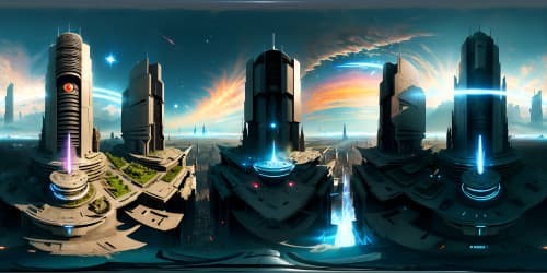 VR360 Star Wars-inspired, advanced metropolis, skyscrapers touching cosmic skies, neon-lit cityscape, ultra-high resolution, Picasso-style, fusion of classic artistry, futuristic panorama, VR360 breathtaking masterpiece.