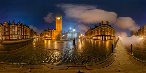 Majestic and meticulously detailed streets of Victorian London, the cobblestones gleaming under gas lamps at night, richly ornamented buildings, fog rolling in from the Thames, a vintage hansom cab under a radiant full moon.
