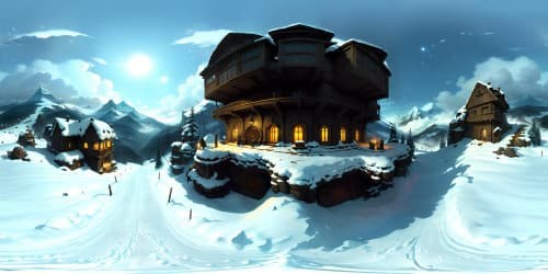 massive snow mountain,on the mountainside there is a igniting engine, encircling black steel constructs which is the skeleton of a building. Kafkaesque steel structures towering, enveloping alpine scenery. 