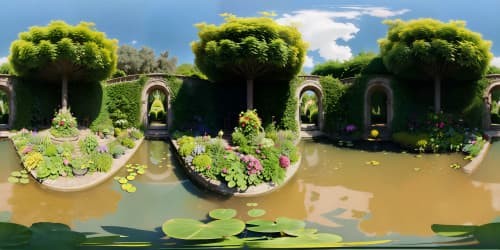 Masterpiece quality, ultra-high-resolution VR360 view. Lavish garden teeming with exotic plant life. No animals, rich foliage prominence. Styles: Monet's Gardens, Water Lilies series. Limit foreground detail, expansive VR360 scope.