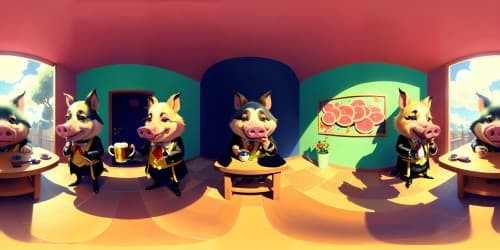 Three little pigs dressed in tuxedos and wearing sunglssses are drinking beer from mugs and eating ham