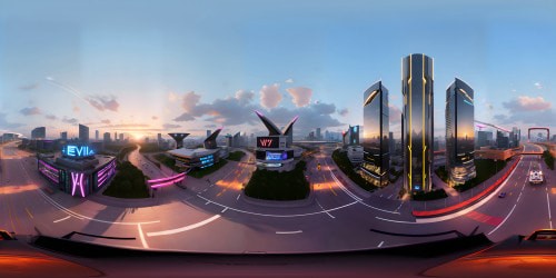 Ultra high-res graphics, GTA 6 inspired setting, metropolitan vista, neon-lit skyscrapers, VR360 view, burnished sunset sky. Futuristic car designs, traffic trails, high-tech billboards, detailed, high contrast textures. VR360 perspective, saturated color palette, high definition pixels, masterpiece quality.