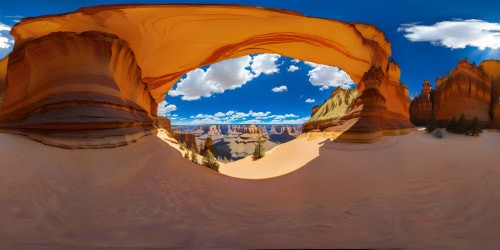 Stunning masterpiece, ultra-high resolution, VR360 view of Western Canyon. Rich ochre rock formations, sheer cliffs, dynamic shadows. Endless azure sky, few wispy clouds. Style: Hyperrealistic, saturated colors. Stunning VR360 visual immersion, grandeur.