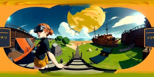 One piece character Nami in short hair and T-shirt. dark brown eyes.orange hair.  standing on a big ship. whole body view