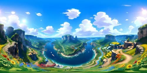 Elevated res, Sonic's Green Hill Zone, VR360, vivid azure skies, chartreuse landscapes, waterfalls, arches, iconic checkered soil, blooming sunflowers, VR360 view, Pixar-style, ultimate quality.