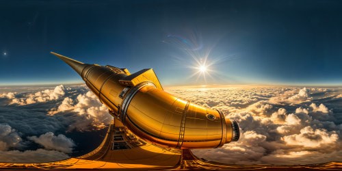 An intricately detailed starship silhouette set against a colossal, blazing sun, radiating warmth in golden hues, framing the epic vessel in a flawless, high-resolution cosmos.