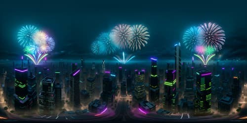 VR360 digital realism, ultra-high resolution, 2124 New Year's Eve. Futuristic cityscape at midnight, skyscrapers towering, glass and neon brilliance. Multi-dimensional, energy-efficient fireworks, vibrant color bursts, VR360 masterpiece. Style: sharp detailing, high contrast, bursting colors juxtaposed against glass towers, neon landscape.