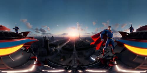 Superman fighting evil vampire over Paris at sunrise