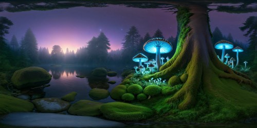 An ancient enchanted forest at twilight, moonlight filtering through towering trees, sparkling bioluminescent mushrooms casting an iridescent glow on moss-covered stones, serene reflection pond, mist enveloping the verdant realm, enchanting and captivating in ultra-high resolution perfection.