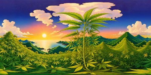 A flawless, ultra high-res depiction of a sprawling hemp paradise, towering vibrant hemp plants bathed in golden sunlight, intricate leaf textures in a symphony of green hues beneath a cloudless azure sky, creating a breathtaking masterpiece of natural beauty.
