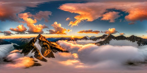 A breathtaking mountain landscape at sunset, featuring snow-capped peaks, a serene alpine lake reflecting golden hues, lush pine forests, and a vivid, fiery sky casting soft pink and orange light across the flawless scenery.