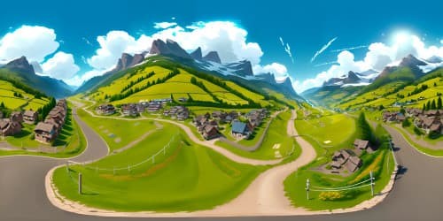 South Park aesthetic, crude, colorful, vibrant. VR360 panoramic view: brown, hilly terrain, small, shabby houses, snow-capped mountains afar. Whimsically detailed, playful caricature quality, densely pixelated ultra-high resolution.