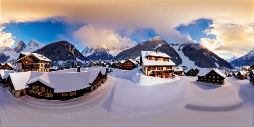 Immaculate high-resolution image capturing a stunning, flawless snowy alpine village at the foot of majestic peaks, exquisite chalets glistening with icicles, wisps of smoke rising delicately from chimneys, all set against a pristine winter wonderland beneath a clear, cobalt sky, emphasizing a ground-level perspective.