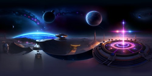 VR360 deep space panorama, myriad star clusters, detailed galaxies, ultra high-res nebulae. Central focus: Dr. Who's Tardis, floating amidst cosmic spectacle. VR360 backdrop: Primer-like starscape, luminescent planets, ethereal comets. Style: Masterpiece quality, hyperrealistic rendering.