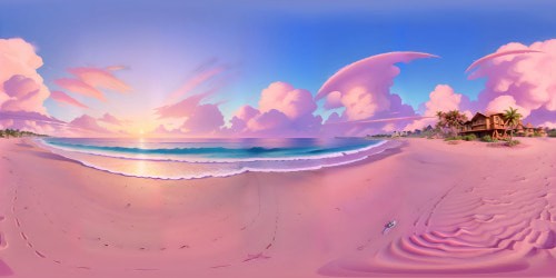 VR360 pastel sunset sky, swirling hues of pink, orange, lavender. Powdery white sand, glistening under twilight, ultra high-res focus. Rolling waves with frothy white caps, hazy silhouette of palm tree sentinels, VR360 tropical beach marvel. Semi-focused pink swimsuits strewn, hint of Pixar charm in a masterpiece setting.