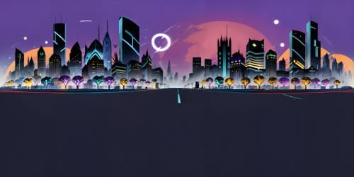 Ultra-high res VR360 Gotham City skyline, detailed silhouette of Batman, stylized Batmobile in the foreground. Masterpiece quality, neo-gothic architectural elements. Dark, brooding color palette, high contrast.