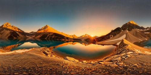 Majestic mountain range silhouetted against a fiery golden sunrise, reflecting in a pristine glass-like alpine lake, ultra high resolution capture showcasing flawless details and astounding beauty.