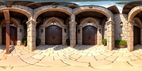 Ultra high-res photorealistic VR360, stone castle entrance, iron-bound wooden doors, torch-lit battlements. Masterpiece masonry, weathered bricks. Medieval VR360, grand settings, elaborative detailing, immaculate textures.