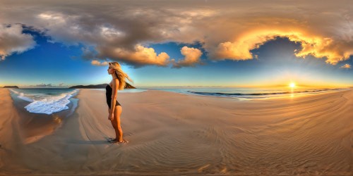 Glistening strands of flawless blonde highlighted hair cascade elegantly over a figure standing on a tranquil beach at sunset, the golden sun casting a warm hue over the calm sea and smooth sandy shore, creating a serene masterpiece of beauty amidst a cloudless sky, every detail captured in ultra-high resolution showcasing perfection in every strand.