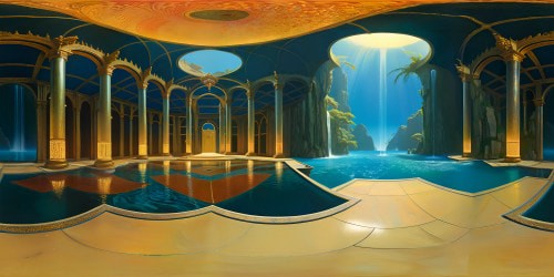 VR360: opulent Water Room, shimmering liquid walls, flawless marble floors, intricate mosaic ceilings, cascading chandeliers illumination. Grandiose, endless underwater palace, VR360 masterpiece, ultra high resolution, digital painting style, with seductive, subtle lighting effects.