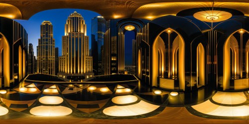 A flawless, ultra-high-resolution view of a grand Art Deco cityscape at dusk, gleaming metallic skyscrapers, intricate geometric patterns, warm golden lights reflecting on polished surfaces, velvety noir shadows, setting a tone of timeless elegance and pristine sophistication.