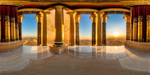 Ideal prompt: Luxurious, opulent Egyptian palace glowing in the golden rays of a setting sun, embellished with ornate hieroglyphics, majestic columns, and gleaming treasures, regal throne highlighted by golden accents, rich crimson drapes swaying in the desert breeze, shadowed corners revealing a hint of mystery in the flawless scene.