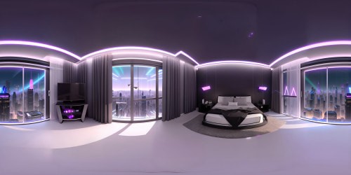 Futuristic apartment, sleek design, minimalistic furniture, 3D holographic screens, large panoramic windows, city skyline view. Ultra HD resolution, VR360 depth, radiant chrome accents, neon glow. Masterpiece artistry, Pixar-style animation, smooth textures, vivid colors. VR360 immersion, light refracting prisms, floating 'smart' decor, advanced tech aesthetics.