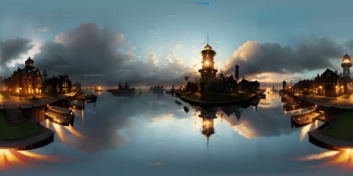 Masterpiece-quality VR360 scene, BioShock Infinite-inspired, ultra-high resolution. Key elements: Steampunk metropolis, floating cityscapes, lighthouse beacon. Style: Surreal art, intricate architectural detailing, vibrant color contrasts. Emphasize expansiveness, verticality, atmospheric perspective.