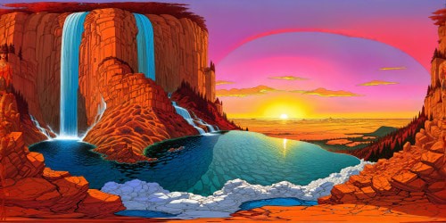 A flawless, museum-worthy composition of a cascading crystal waterfall, sparkling under the brilliant, vibrant hues of a fiery sunset, captured in stunning, ultra high resolution clarity.