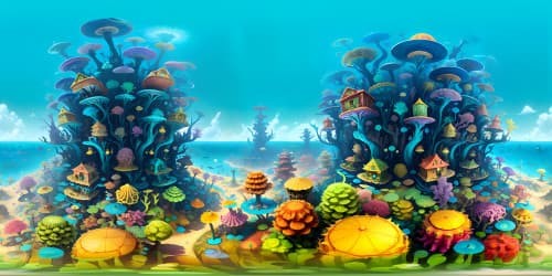 Pop art color palette, psychedelic patterns in VR360, immersive SpongeBob-inspired underwater city. Ultra high-res, masterful depiction, colossal anchor landmarks. VR360 pineapple houses with playful caricature textures, oyster shell structures. Background of expansive, cartoon-realistic kelp forest in hand-painted excellence.