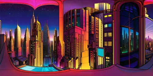 In the heart of a cyberpunk metropolis, a colossal high-rise with massive windows reflecting neon city lights, flawlessly showcasing a futuristic skyline, intricate architectural details, and flawlessly sharp, ultra-high-resolution textures.