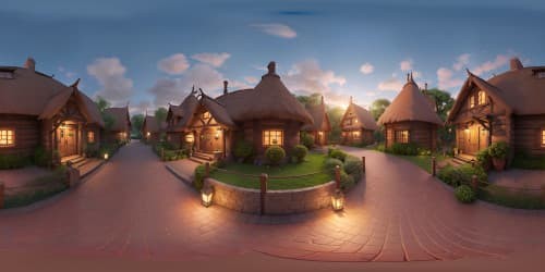 VR360: Slavic village, thatch-roofed cottages, cobblestone paths, lake mirroring night sky, scattered torchlight flickering, ultra-high-resolution, masterpiece quality, digital oil painting style.