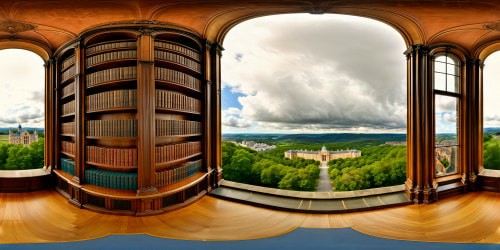 inside a photo realistic detailed victorian library featuring bookcases and  a desk by an arched window with lookig out to a stunning view across a large university campus with a woodland in the distance.