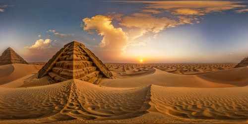 A colossal pyramid rising majestically against a fiery desert sunset, intricate stone carvings catching the last rays, flawless golden sand dunes nearby, casting elongated shadows, breathtakingly detailed and rendered in ultra HD resolution.