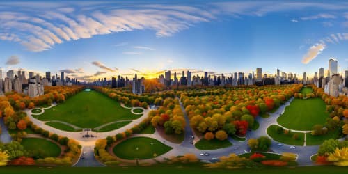 VR360 ultra-high resolution, masterful depiction, fall colors skyview over Central Park at night, NYC skyscrapers skyline contrasting, vibrant autumnal hues, VR360 immersive panoramic display, precision detailing.