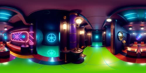 Art deco architecture, grand underwater city, neon signs, holographic imagery, water reflections, VR360 BioShock-inspired scene. Depth perception, 4K resolution, VR360 sharpness, ultra-high-definition textures. Style: Fine art, photorealism, surrealism blend.