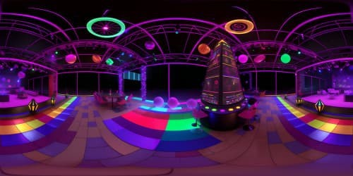 Ultra high-res VR360, radiant dance floor, rainbow lights pulsing, holiday ornaments, suspended, reflecting dazzling glimmers. Confetti snowfall. Style: Masterpiece. Expansive, immersive VR360, party ambiance, warmth radiating, nocturnal holiday magic.