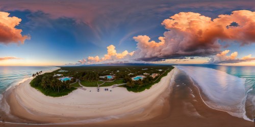 A pristine, ultra-high-resolution coastal masterpiece featuring the stunning elegance of a sunlit beach, where glistening waves embrace golden shores, swaying palm trees dance in a gentle breeze, while the sky shifts gracefully from soft pink shades to deep blue twilight, creating a flawless visual symphony.