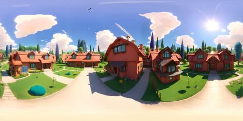 Ultra-high-resolution masterpiece, The Simpsons' house in lush 3D, VR360, vibrant cartoon color palette, stylized suburban design. Iconic, two-story house, vibrant blue roof, pink exterior, the characteristic garage. Emphasizing VR360 perspective, Springfield vista beyond.