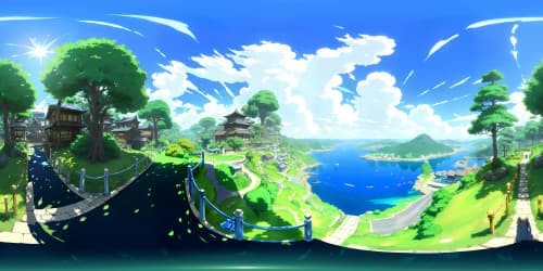 Masterpiece-quality ninja-themed city, ultra high-res, delicate woodland elements intertwined with sleek cityscape, brilliant blue VR360 sky backdrop, joyous and serene. VR360 view infused with fantasy anime style, majestic forestry-city blend, radiant happiness.