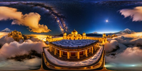 A lavish, opulent palace rising under a star-strewn indigo night, intricate golden domes shimmering with celestial brilliance, glistening marble pillars lining a grand courtyard, ethereal moonlight casting spellbinding shadows, with a distant view of snow-capped mountains under a flawless sky.