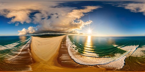 Golden sunlight glistens on flawless, pristine strands of a sun-kissed beach, leading to a crystal-clear sparkling sea under a high-resolution azure sky, a visual masterpiece of tranquil beauty.