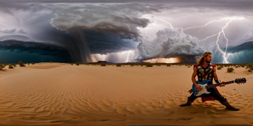 Thor playing an electric guitar in the desert while a thunderstorm rages overhead.