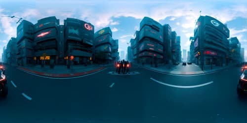 cyberpuk city with red and blue colors while on the street. Include a pretty cyberpunk girl standing next to me. Include dark blue sky and people walking the street.