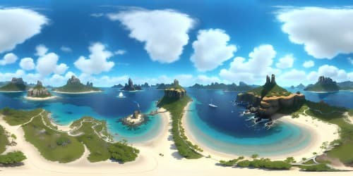 Exquisite artwork, ultra high-resolution VR360, a turquoise sea sprinkled with beautiful tiny islands under a remarkable sky. Unravel breathtaking views in VR360, Pixar-style animation.